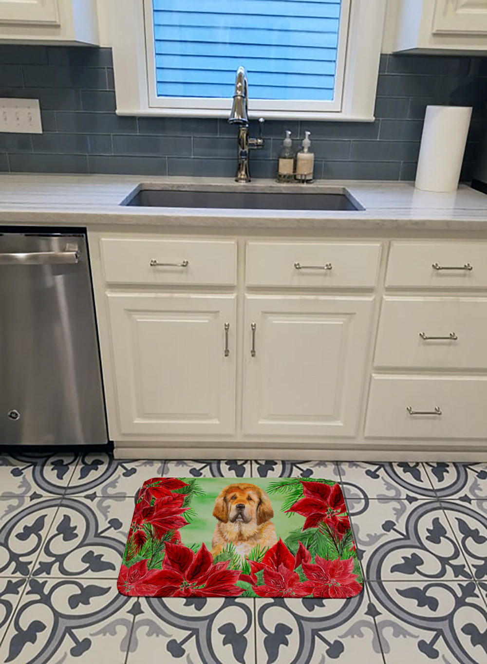 Tibetan Mastiff Poinsettas Memory Foam Kitchen Mat Machine Washable Anti-Fatigue Cushion Comfort Bath or Kitchen Rug