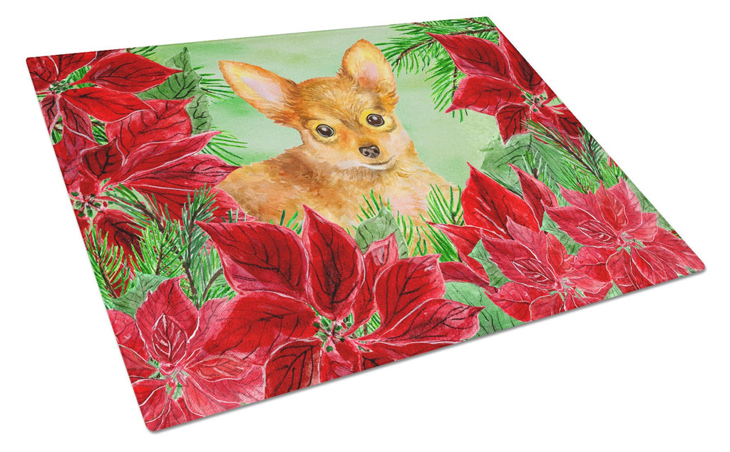Toy Terrier Poinsettas Cutting Board Tempered Glass Kitchen Cutting Surface, Heat Resistant Chopping, Non-Slip Feet, Food Prep & Serving