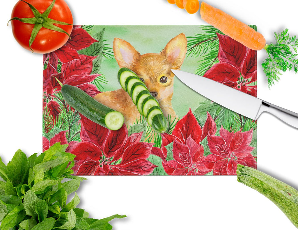 Toy Terrier Poinsettas Cutting Board Tempered Glass Kitchen Cutting Surface, Heat Resistant Chopping, Non-Slip Feet, Food Prep & Serving