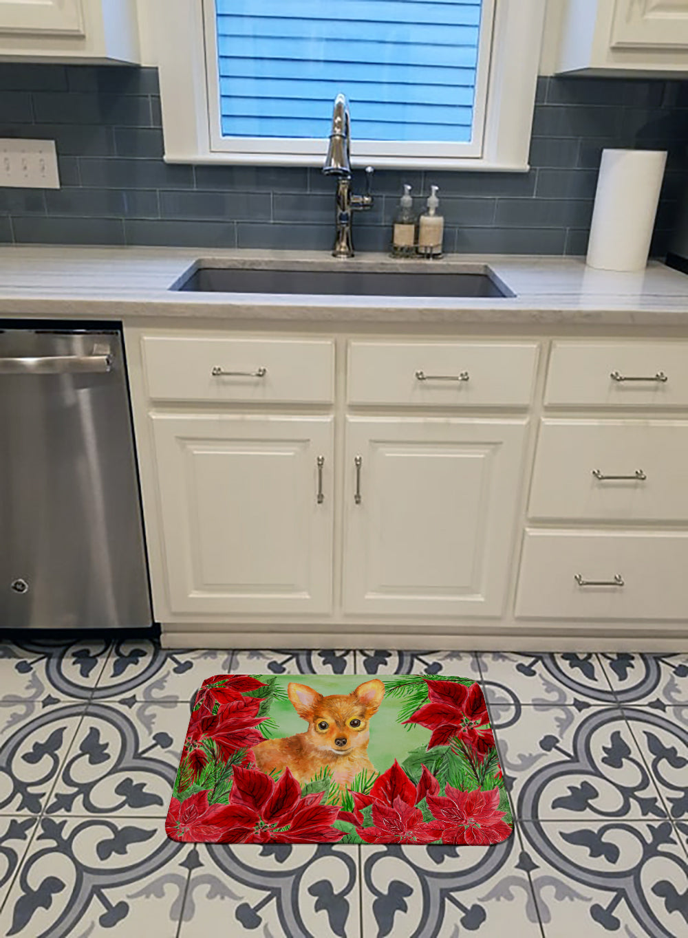Toy Terrier Poinsettas Memory Foam Kitchen Mat Machine Washable Anti-Fatigue Cushion Comfort Bath or Kitchen Rug