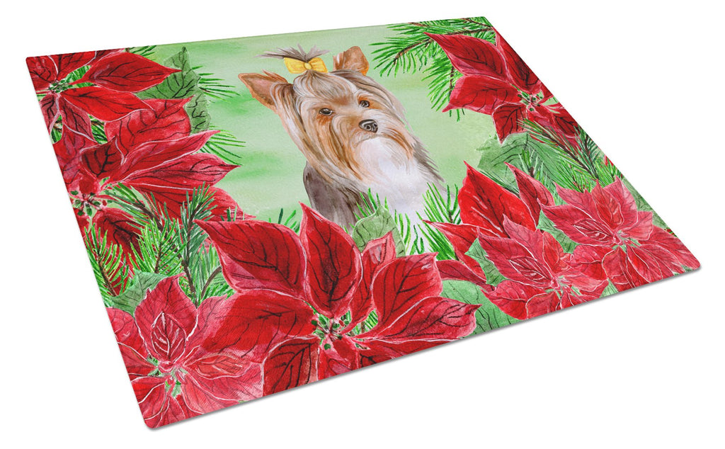 Yorkshire Terrier #2 Poinsettas Cutting Board Tempered Glass Kitchen Cutting Surface, Heat Resistant Chopping, Non-Slip Feet, Food Prep & Serving
