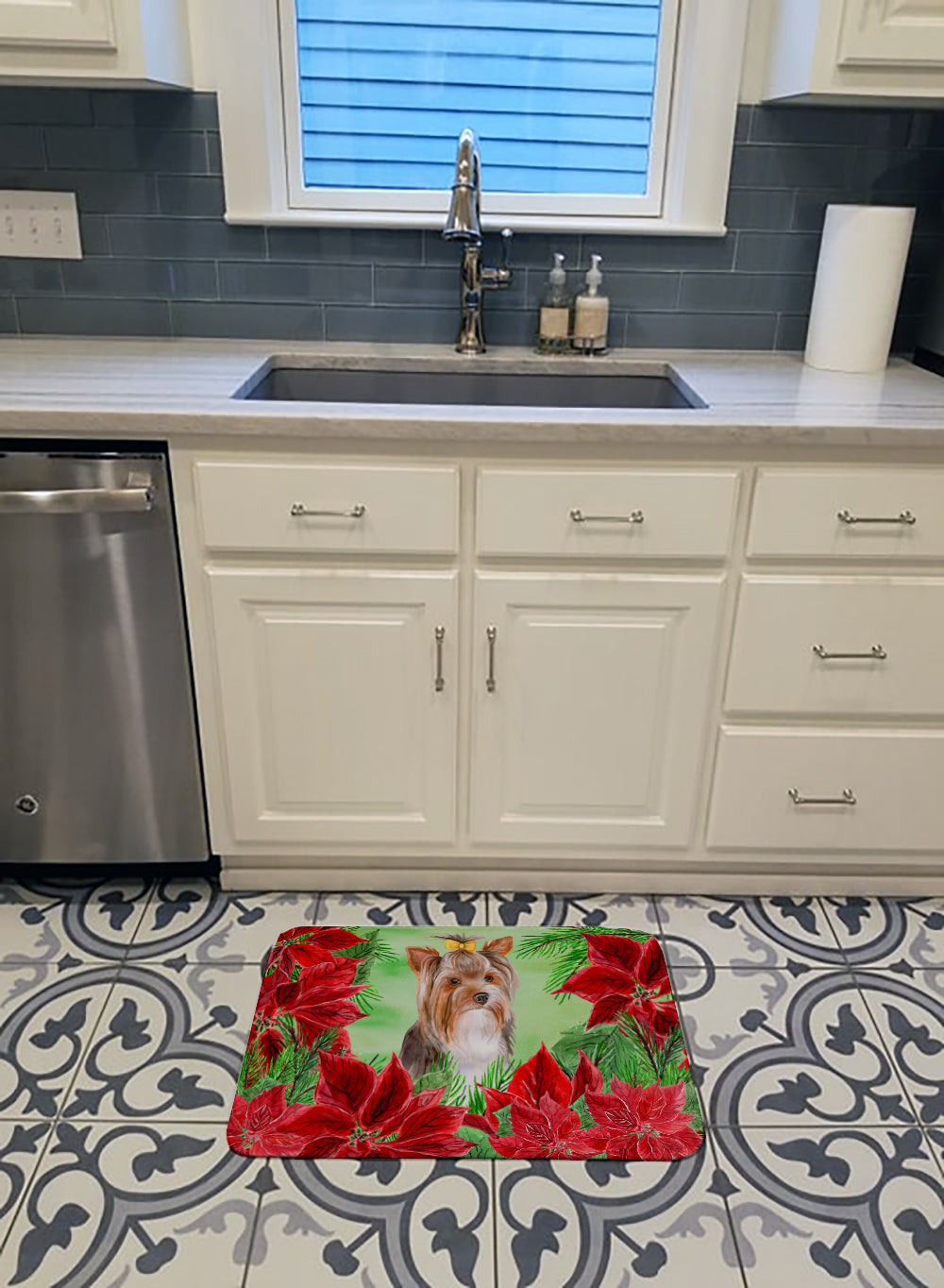 Yorkshire Terrier #2 Poinsettas Memory Foam Kitchen Mat Machine Washable Anti-Fatigue Cushion Comfort Bath or Kitchen Rug