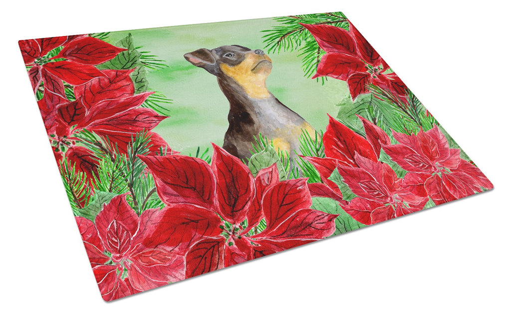 Miniature Pinscher #2 Poinsettas Cutting Board Tempered Glass Kitchen Cutting Surface, Heat Resistant Chopping, Non-Slip Feet, Food Prep & Serving