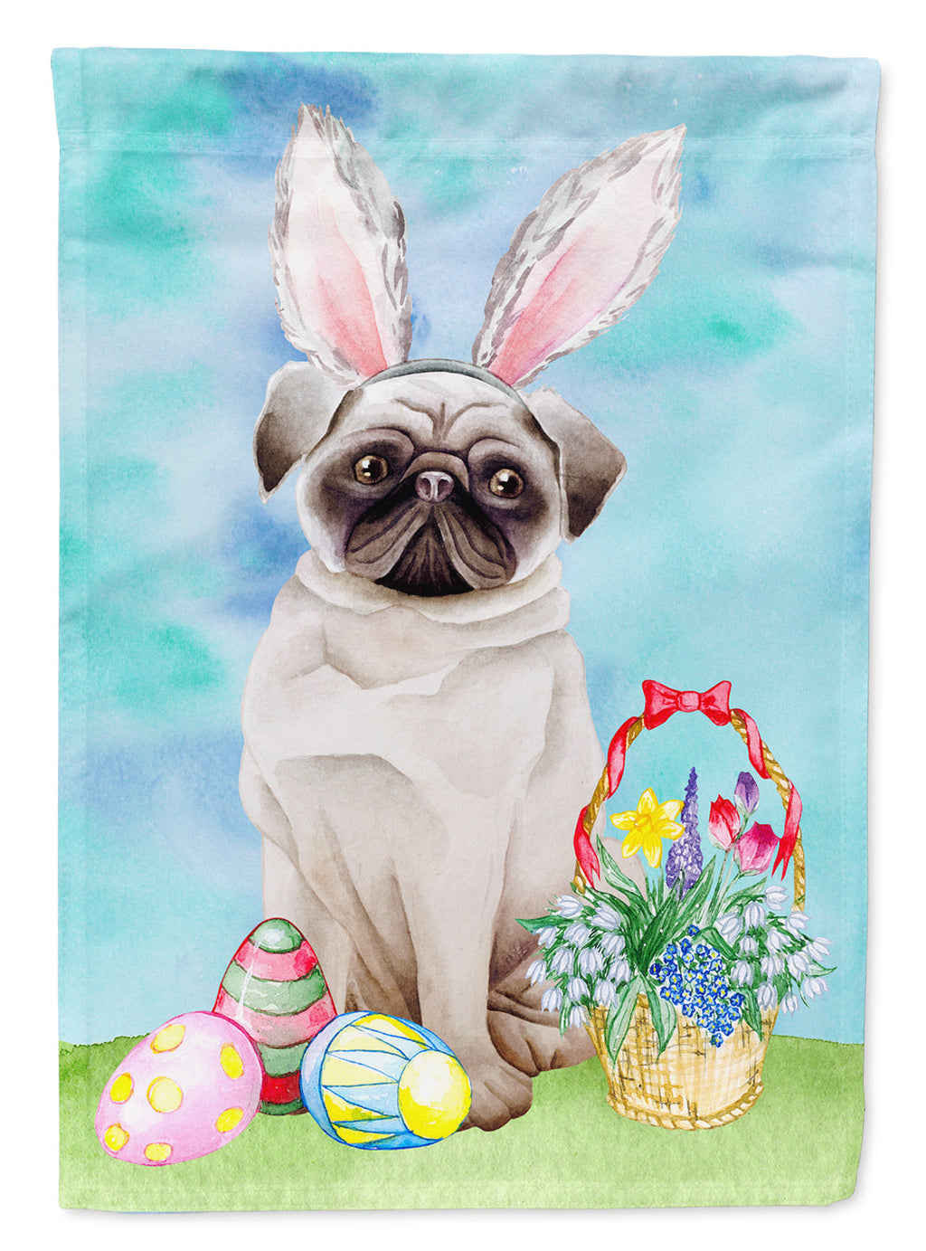 Pug Easter Bunny House Flag 28x40 Porch Sleeve Pole Decorative Outside Yard Banner Artwork Wall Hanging, Polyester