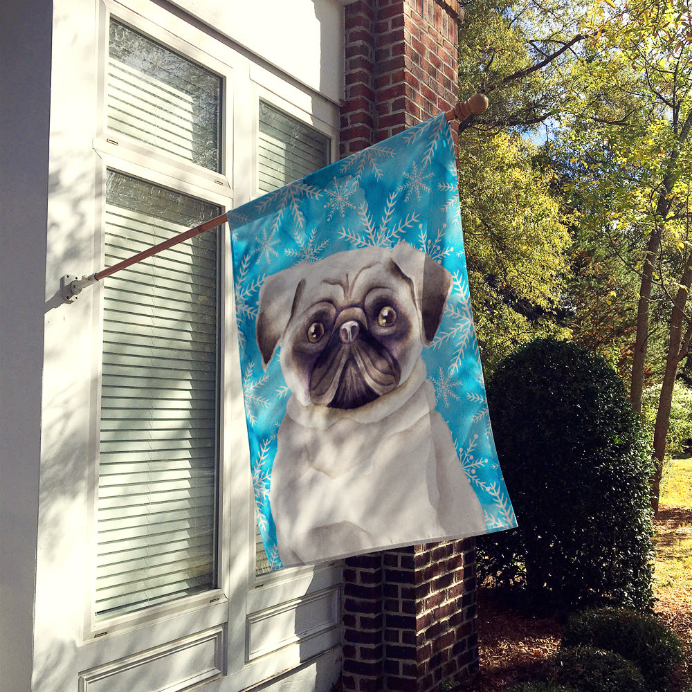 Pug Winter House Flag 28x40 Porch Sleeve Pole Decorative Outside Yard Banner Artwork Wall Hanging, Polyester
