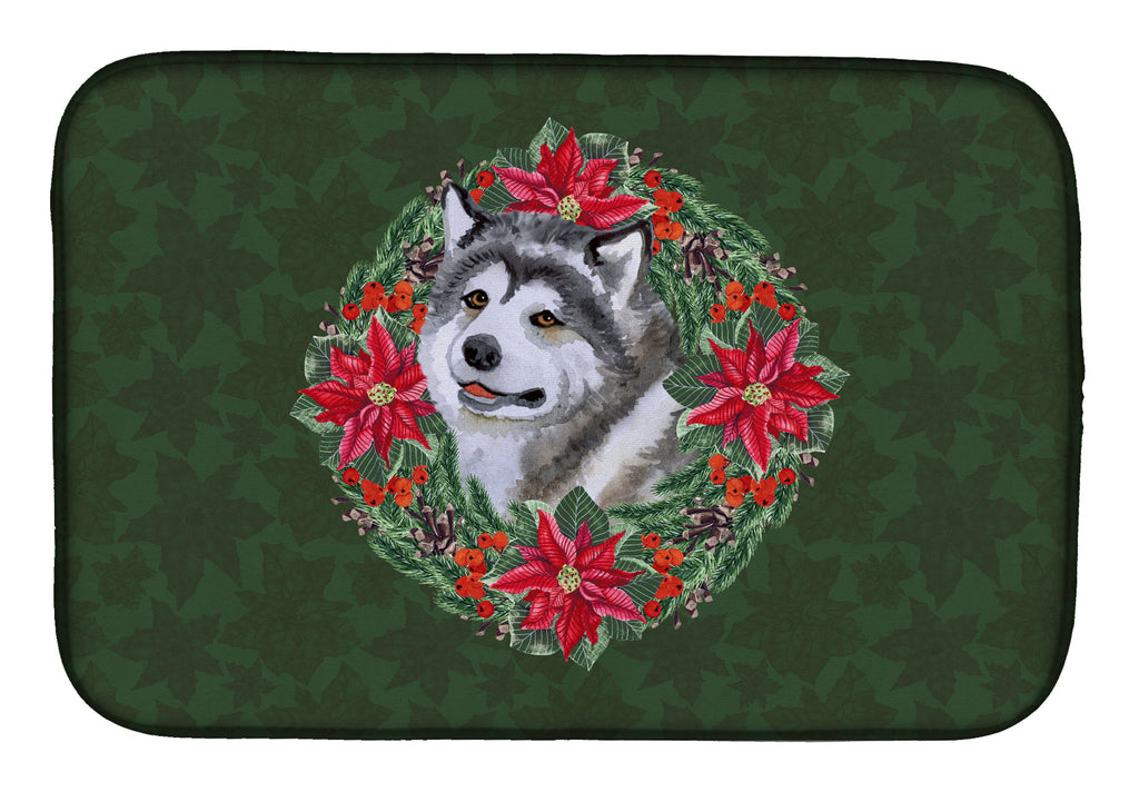 Alaskan Malamute Poinsetta Wreath Dish Drying Mat Absorbent Dish Drying Mat Pad for Kitchen Counter Dish Drainer Mat for Countertop, 14 x 21", Multicolor