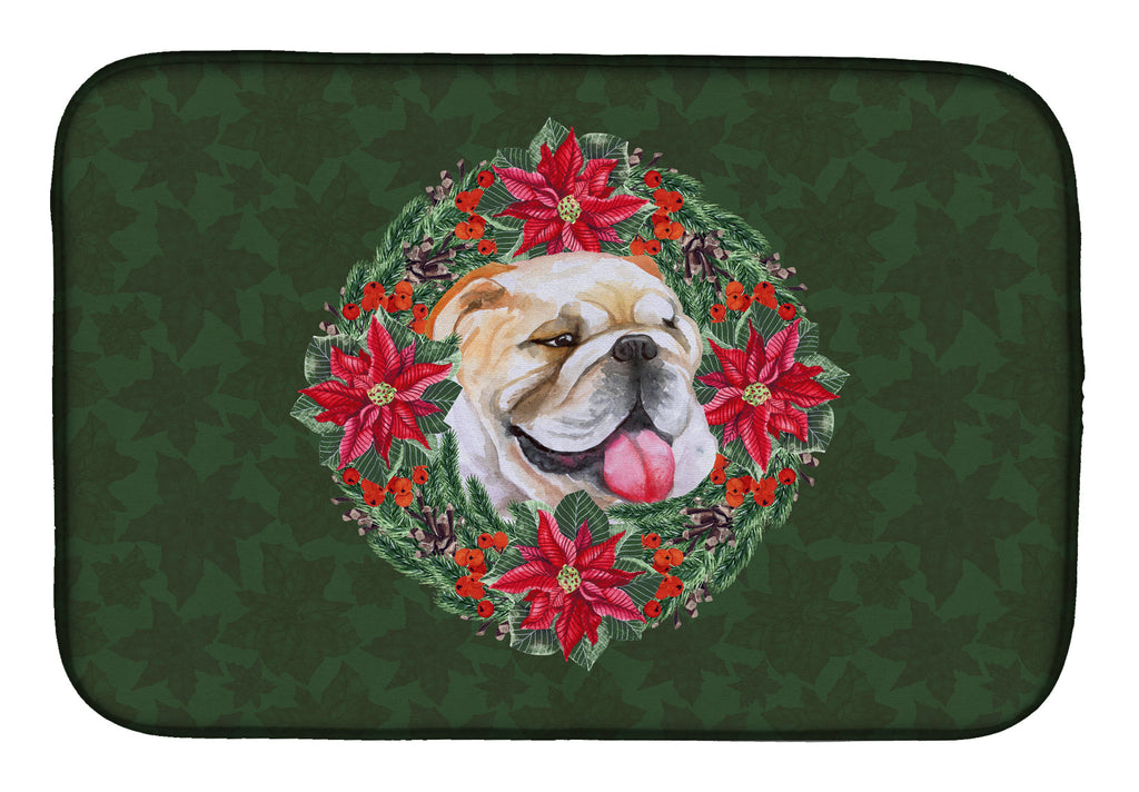 English Bulldog Poinsetta Wreath Dish Drying Mat Absorbent Dish Drying Mat Pad for Kitchen Counter Dish Drainer Mat for Countertop, 14 x 21", Multicolor