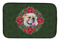 English Bulldog Poinsetta Wreath Dish Drying Mat Absorbent Dish Drying Mat Pad for Kitchen Counter Dish Drainer Mat for Countertop, 14 x 21", Multicolor