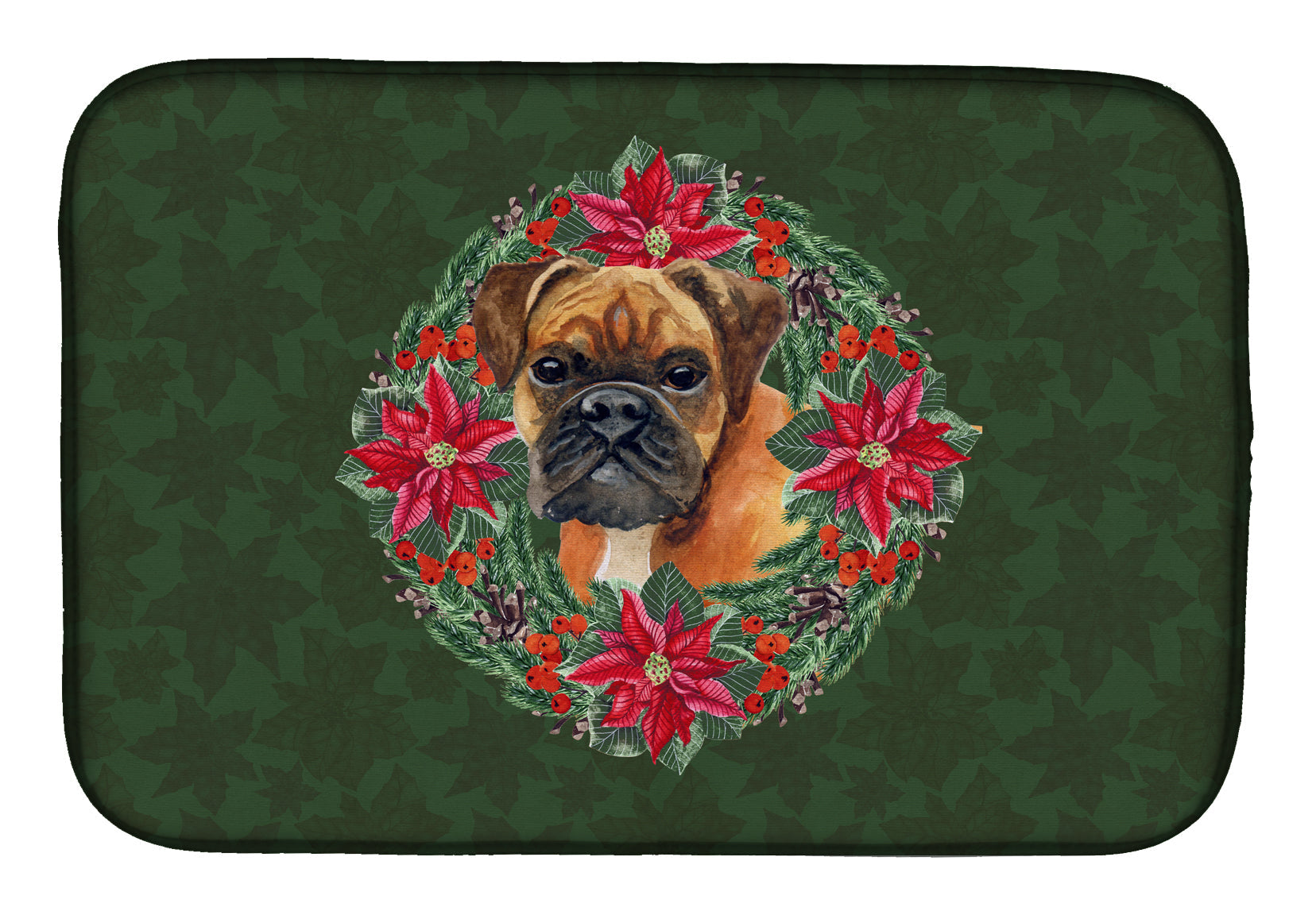 German Boxer Poinsetta Wreath Dish Drying Mat Absorbent Dish Drying Mat Pad for Kitchen Counter Dish Drainer Mat for Countertop, 14 x 21", Multicolor