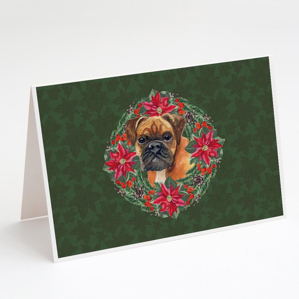 German Boxer Poinsetta Wreath Greeting Cards Pack of 8 Blank Cards with Envelopes Whimsical A7 Size 5x7