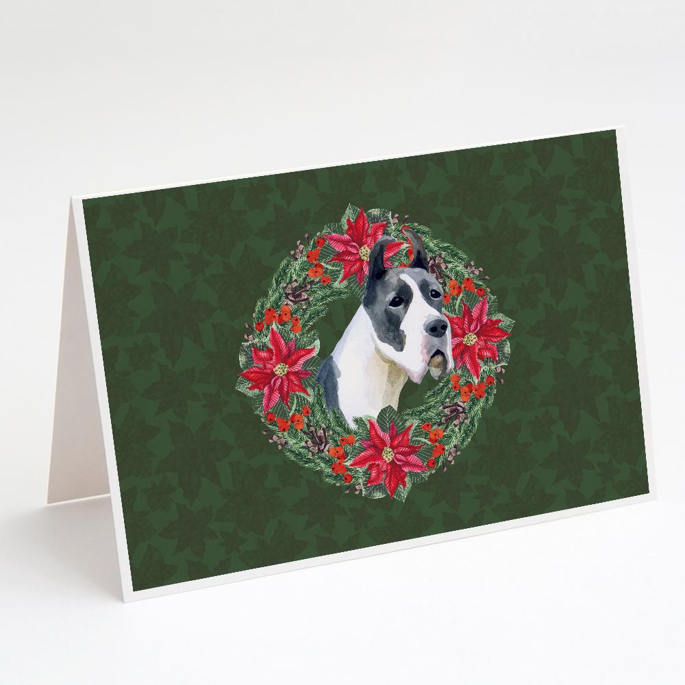 Harlequin Great Dane Poinsetta Wreath Greeting Cards Pack of 8 Blank Cards with Envelopes Whimsical A7 Size 5x7
