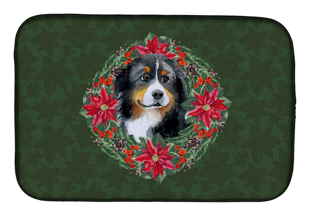 Bernese Mountain Dog Poinsetta Wreath Dish Drying Mat Absorbent Dish Drying Mat Pad for Kitchen Counter Dish Drainer Mat for Countertop, 14 x 21", Multicolor