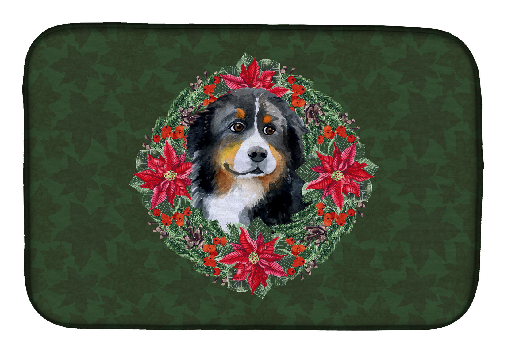 Bernese Mountain Dog Poinsetta Wreath Dish Drying Mat Absorbent Dish Drying Mat Pad for Kitchen Counter Dish Drainer Mat for Countertop, 14 x 21", Multicolor