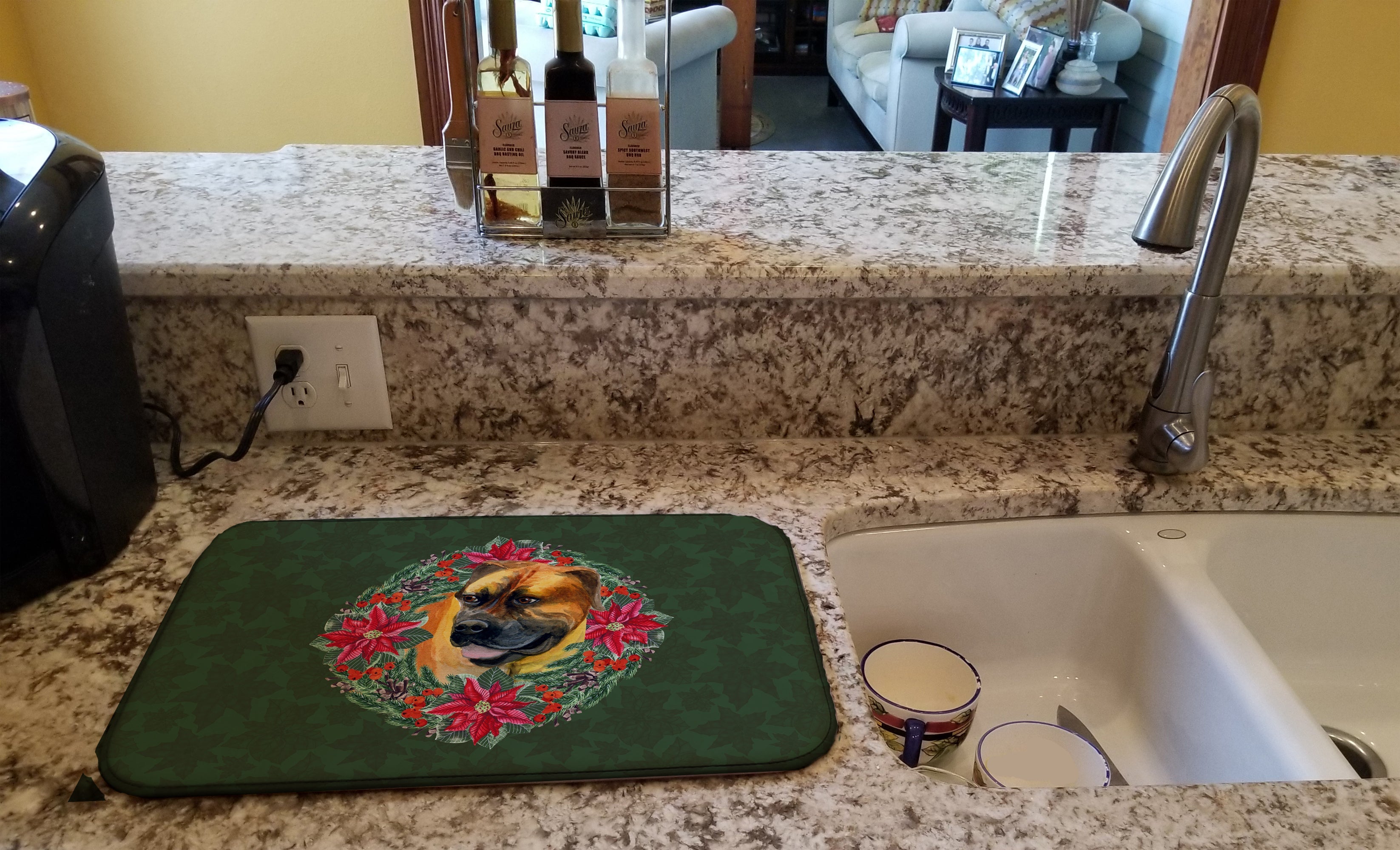 Boerboel Mastiff Poinsetta Wreath Dish Drying Mat Absorbent Dish Drying Mat Pad for Kitchen Counter Dish Drainer Mat for Countertop, 14 x 21", Multicolor
