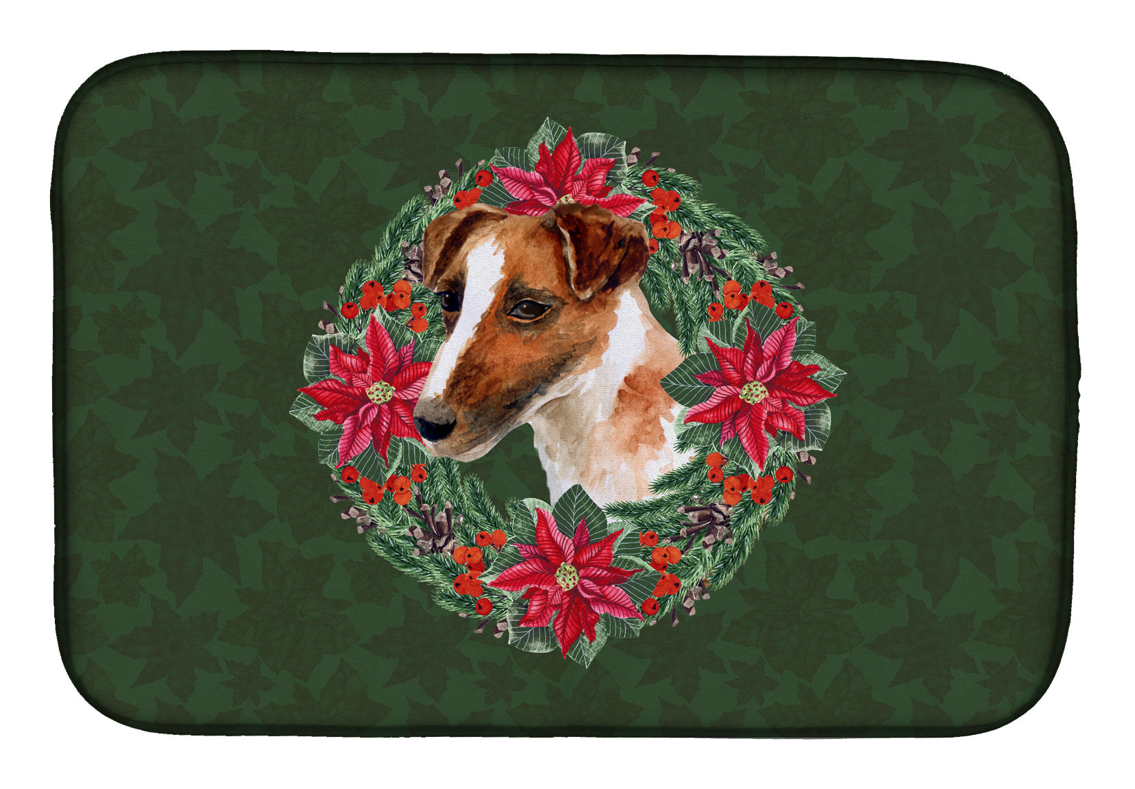 Smooth Fox Terrier Poinsetta Wreath Dish Drying Mat Absorbent Dish Drying Mat Pad for Kitchen Counter Dish Drainer Mat for Countertop, 14 x 21", Multicolor