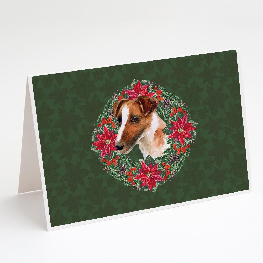 Smooth Fox Terrier Poinsetta Wreath Greeting Cards Pack of 8 Blank Cards with Envelopes Whimsical A7 Size 5x7