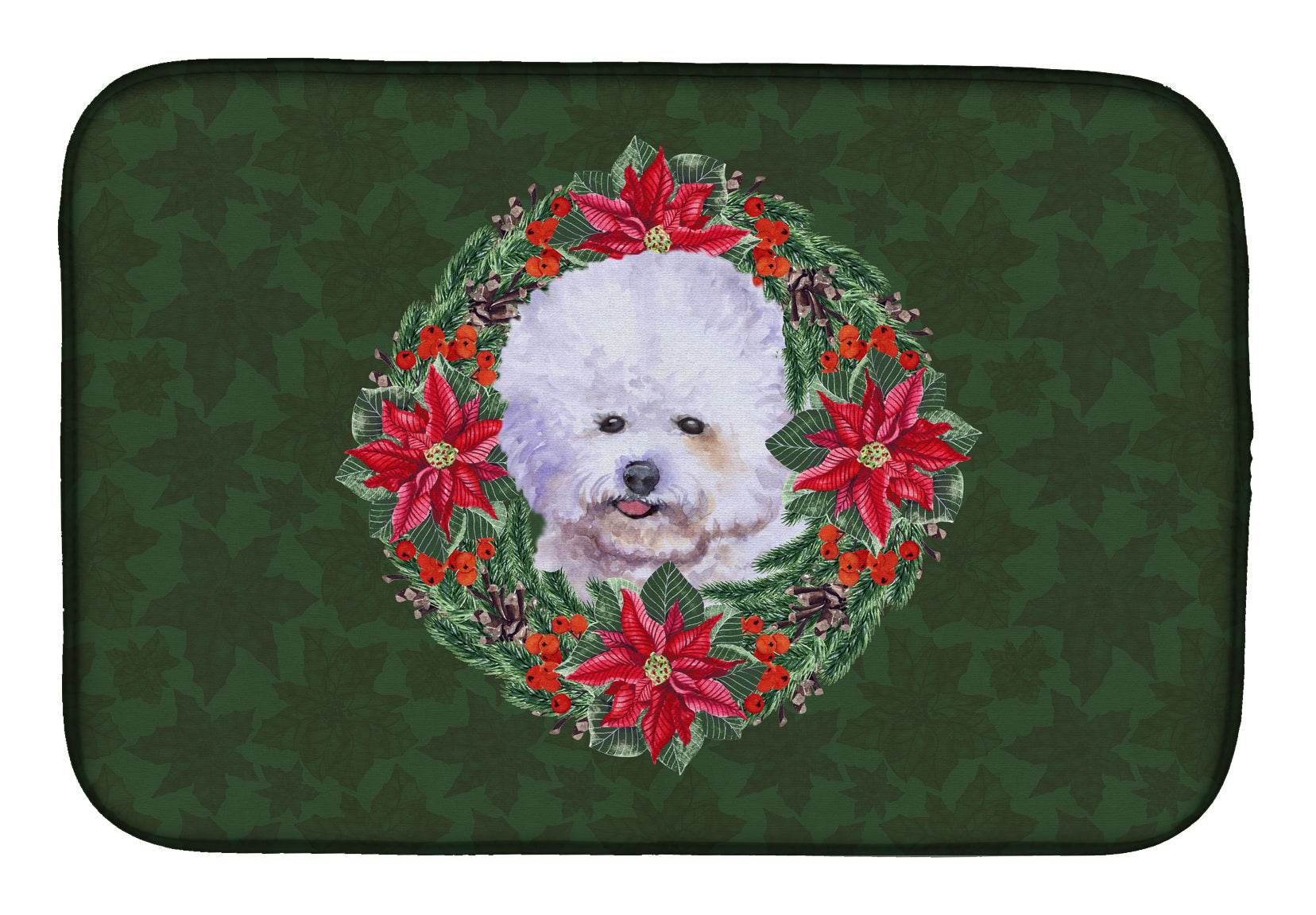 Bichon Frise Poinsetta Wreath Dish Drying Mat Absorbent Dish Drying Mat Pad for Kitchen Counter Dish Drainer Mat for Countertop, 14 x 21", Multicolor