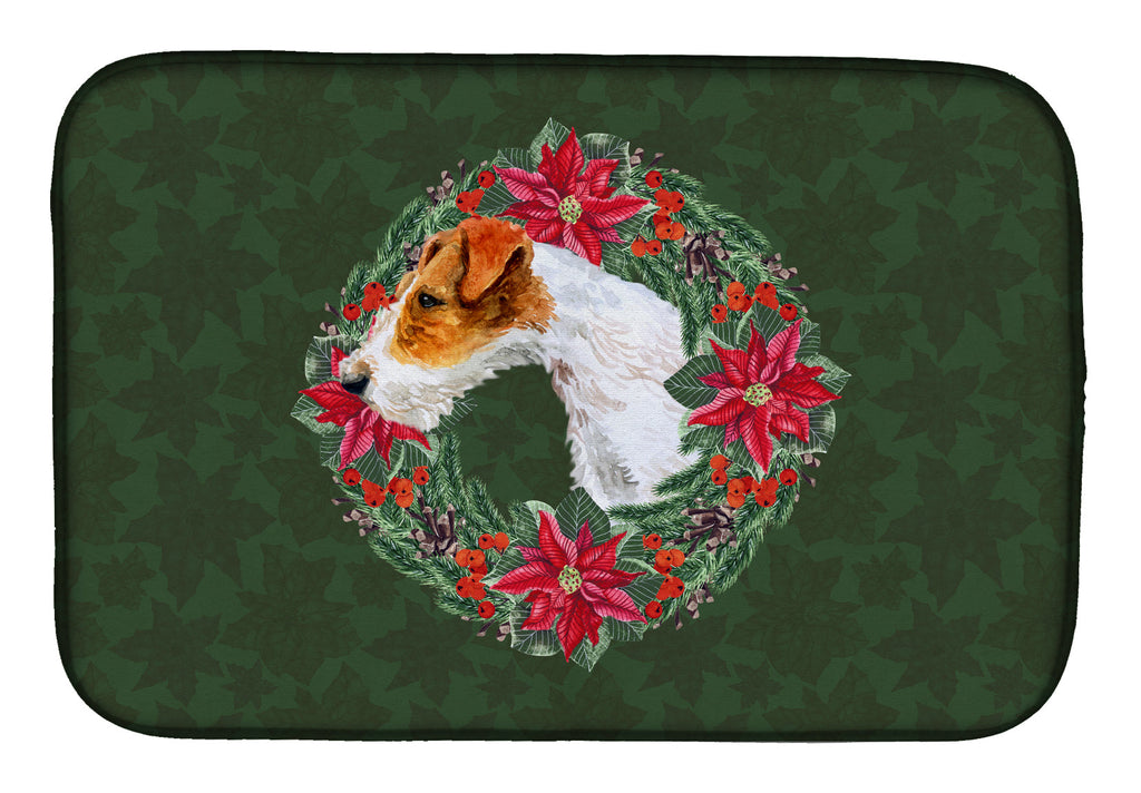 Fox Terrier Poinsetta Wreath Dish Drying Mat Absorbent Dish Drying Mat Pad for Kitchen Counter Dish Drainer Mat for Countertop, 14 x 21", Multicolor