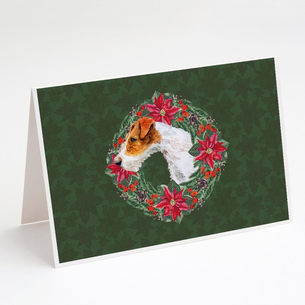 Fox Terrier Poinsetta Wreath Greeting Cards Pack of 8 Blank Cards with Envelopes Whimsical A7 Size 5x7