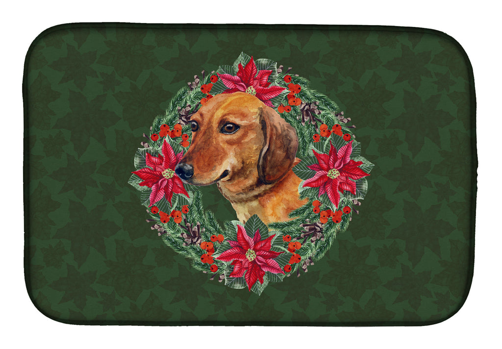 Dachshund Poinsetta Wreath Dish Drying Mat Absorbent Dish Drying Mat Pad for Kitchen Counter Dish Drainer Mat for Countertop, 14 x 21", Multicolor