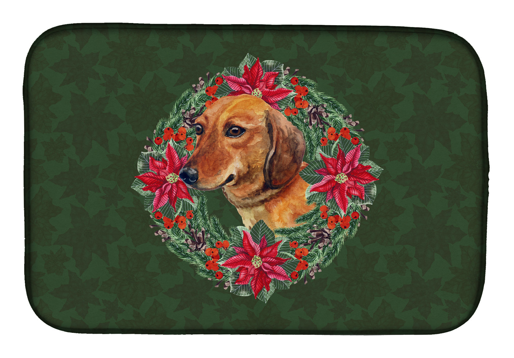 Dachshund Poinsetta Wreath Dish Drying Mat Absorbent Dish Drying Mat Pad for Kitchen Counter Dish Drainer Mat for Countertop, 14 x 21", Multicolor