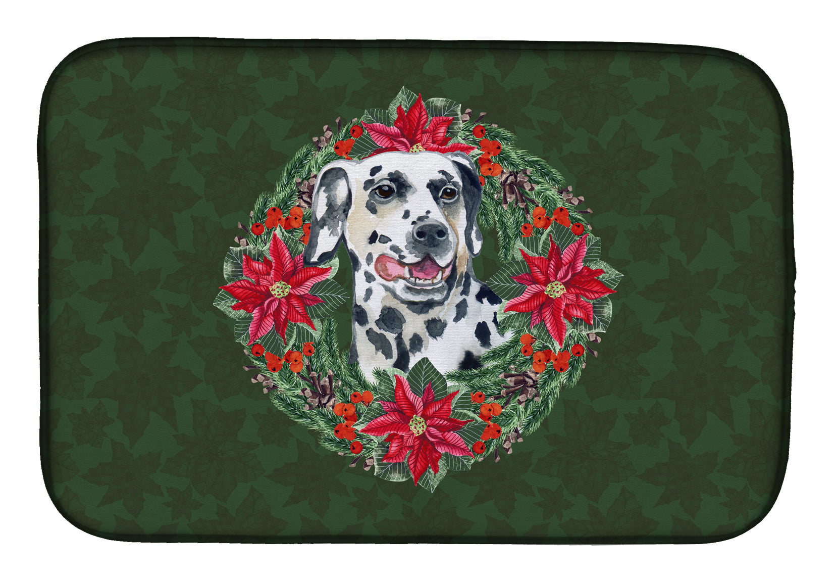 Dalmatian Poinsetta Wreath Dish Drying Mat Absorbent Dish Drying Mat Pad for Kitchen Counter Dish Drainer Mat for Countertop, 14 x 21", Multicolor