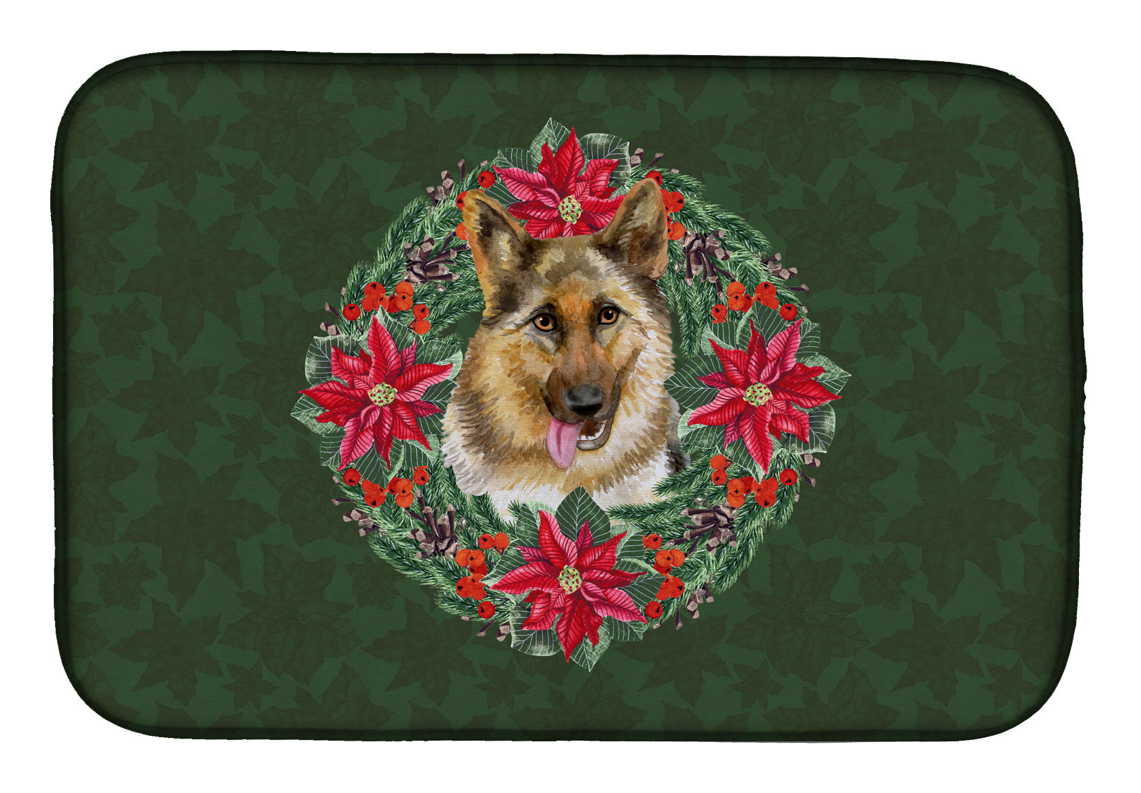 German Shepherd Poinsetta Wreath Dish Drying Mat Absorbent Dish Drying Mat Pad for Kitchen Counter Dish Drainer Mat for Countertop, 14 x 21", Multicolor