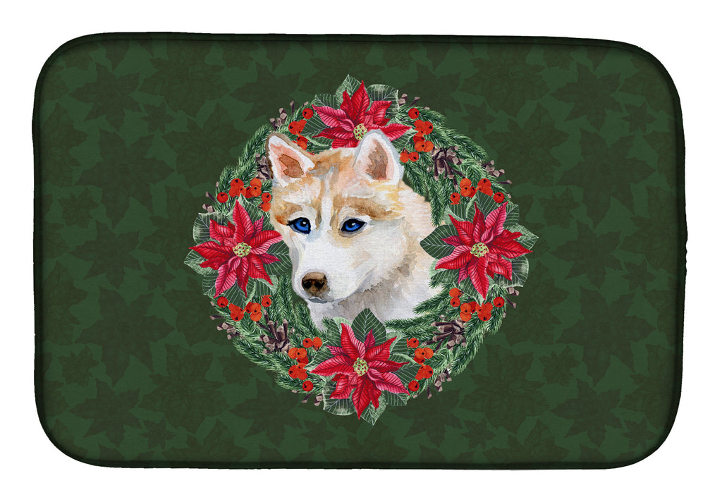 Siberian Husky Poinsetta Wreath Dish Drying Mat Absorbent Dish Drying Mat Pad for Kitchen Counter Dish Drainer Mat for Countertop, 14 x 21", Multicolor