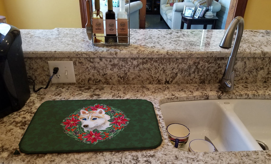 Siberian Husky Poinsetta Wreath Dish Drying Mat Absorbent Dish Drying Mat Pad for Kitchen Counter Dish Drainer Mat for Countertop, 14 x 21", Multicolor