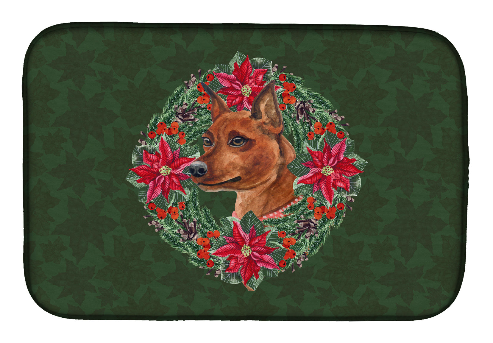 Miniature Pinscher Poinsetta Wreath Dish Drying Mat Absorbent Dish Drying Mat Pad for Kitchen Counter Dish Drainer Mat for Countertop, 14 x 21", Multicolor