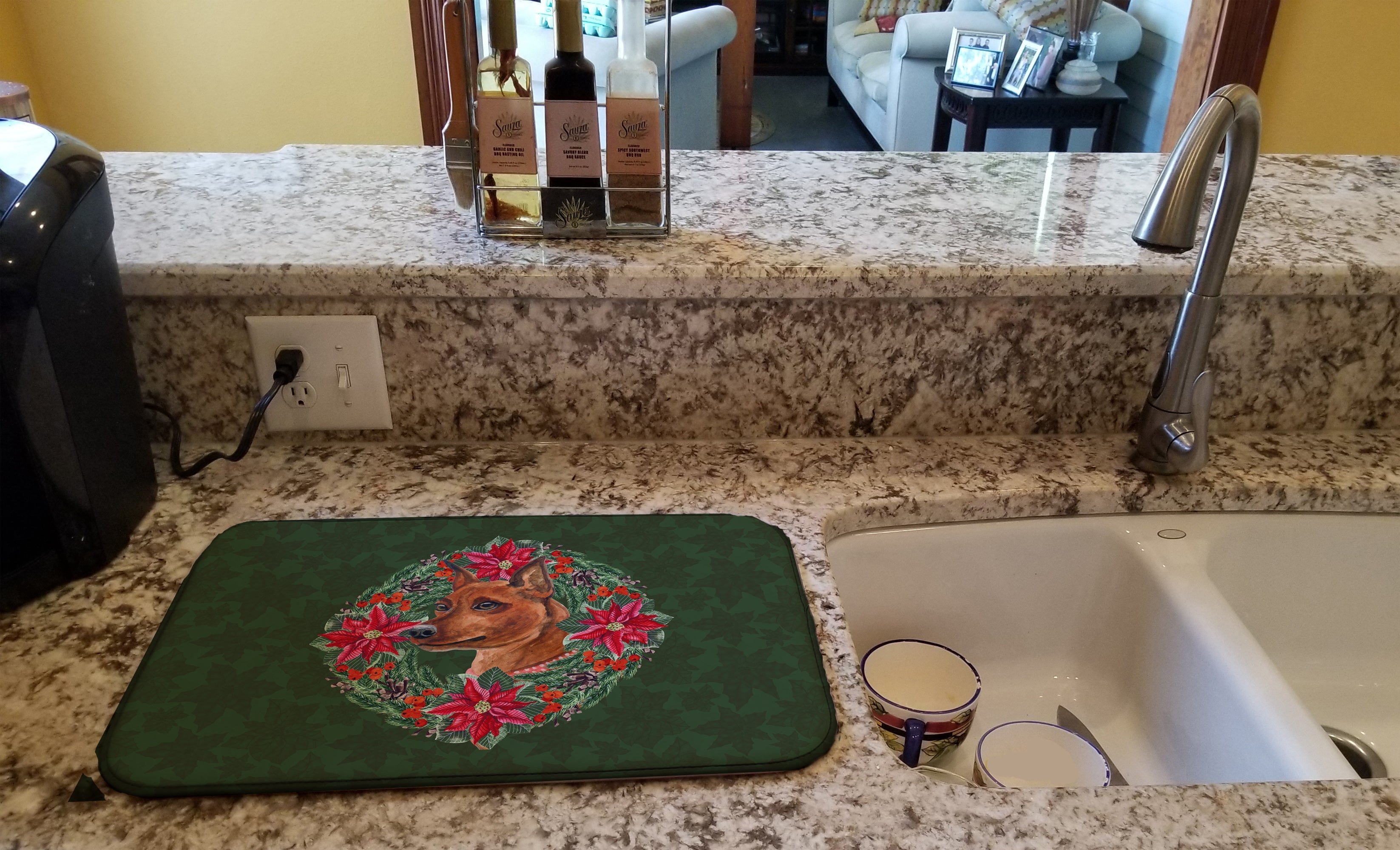 Miniature Pinscher Poinsetta Wreath Dish Drying Mat Absorbent Dish Drying Mat Pad for Kitchen Counter Dish Drainer Mat for Countertop, 14 x 21", Multicolor