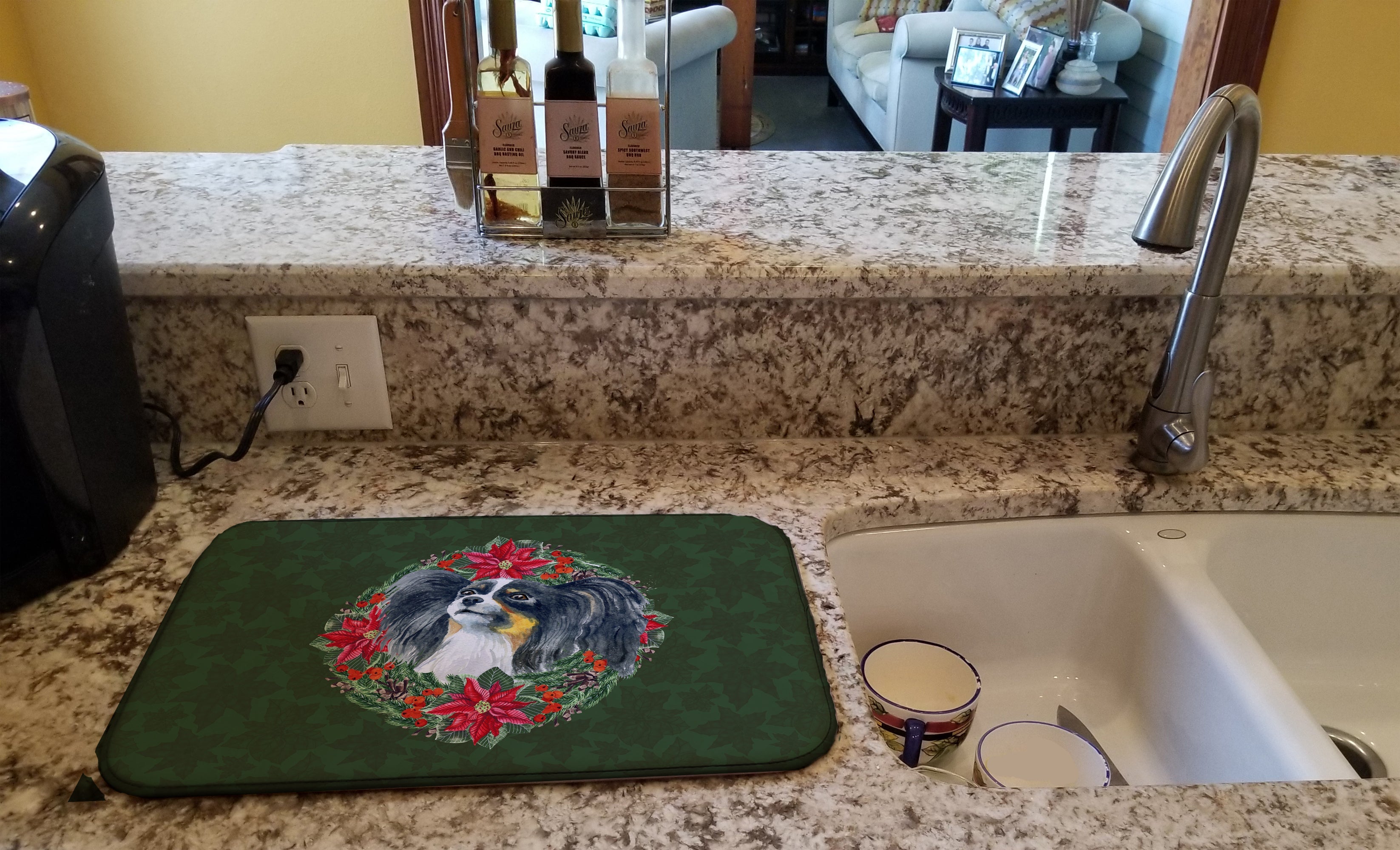 Papillon Poinsetta Wreath Dish Drying Mat Absorbent Dish Drying Mat Pad for Kitchen Counter Dish Drainer Mat for Countertop, 14 x 21", Multicolor