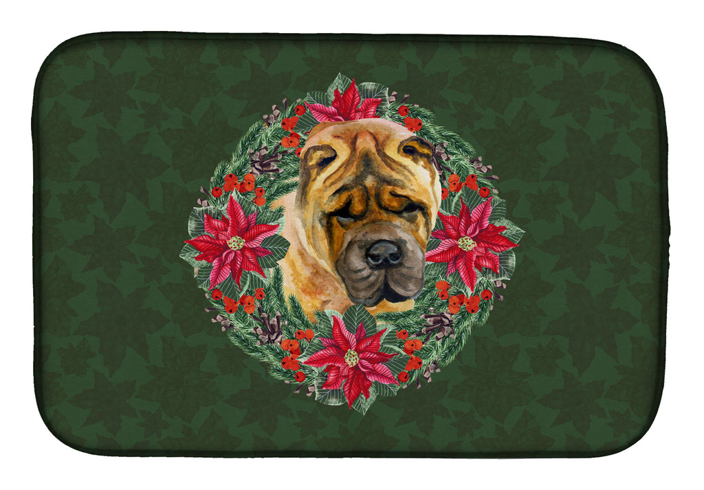 Shar Pei Poinsetta Wreath Dish Drying Mat Absorbent Dish Drying Mat Pad for Kitchen Counter Dish Drainer Mat for Countertop, 14 x 21", Multicolor
