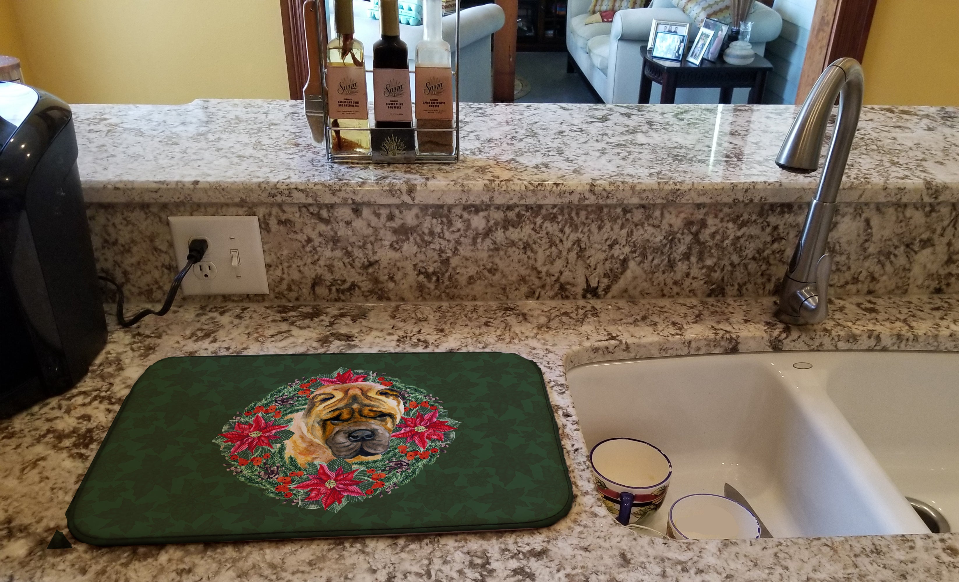Shar Pei Poinsetta Wreath Dish Drying Mat Absorbent Dish Drying Mat Pad for Kitchen Counter Dish Drainer Mat for Countertop, 14 x 21", Multicolor