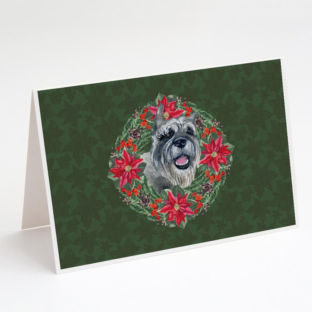 Schnauzer Poinsetta Wreath Greeting Cards Pack of 8 Blank Cards with Envelopes Whimsical A7 Size 5x7