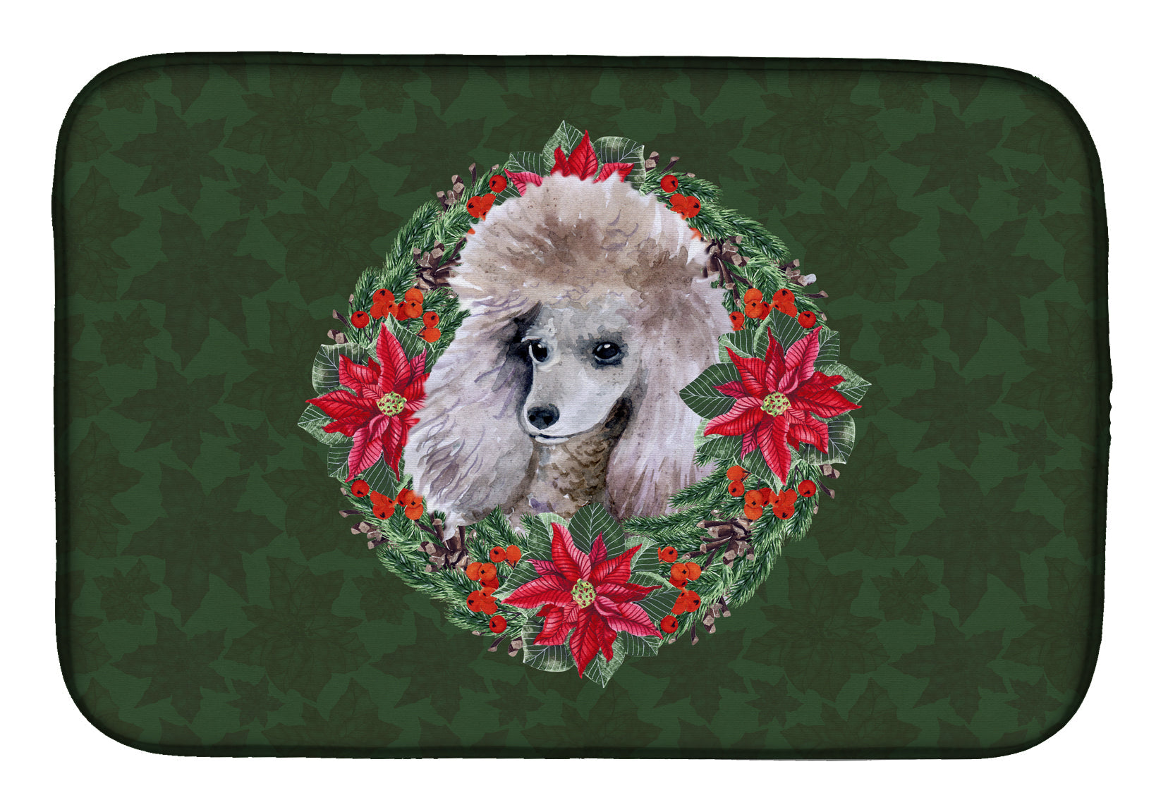 Poodle Poinsetta Wreath Dish Drying Mat Absorbent Dish Drying Mat Pad for Kitchen Counter Dish Drainer Mat for Countertop, 14 x 21", Multicolor
