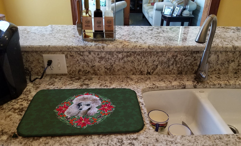Poodle Poinsetta Wreath Dish Drying Mat Absorbent Dish Drying Mat Pad for Kitchen Counter Dish Drainer Mat for Countertop, 14 x 21", Multicolor