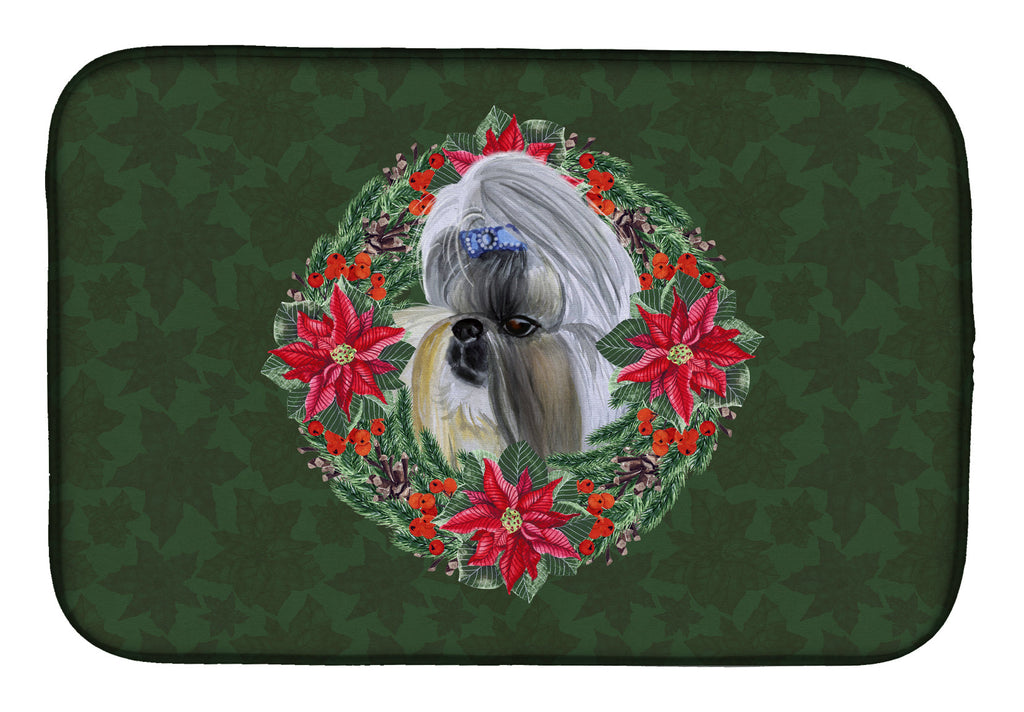 Shih Tzu Poinsetta Wreath Dish Drying Mat Absorbent Dish Drying Mat Pad for Kitchen Counter Dish Drainer Mat for Countertop, 14 x 21", Multicolor