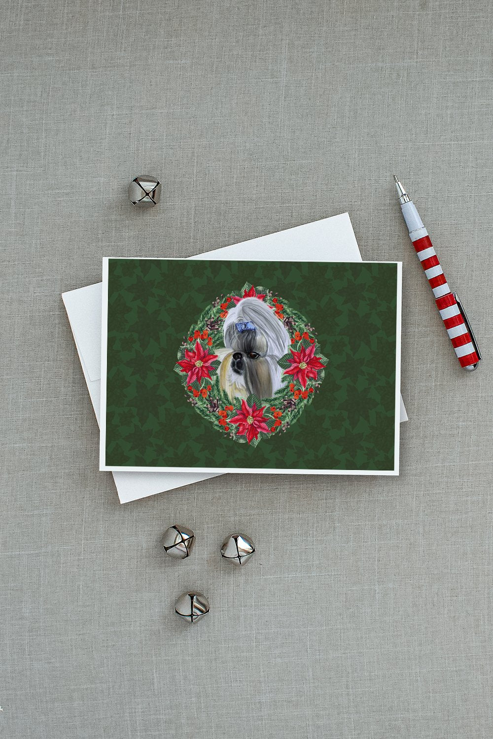 Shih Tzu Poinsetta Wreath Greeting Cards Pack of 8 Blank Cards with Envelopes Whimsical A7 Size 5x7