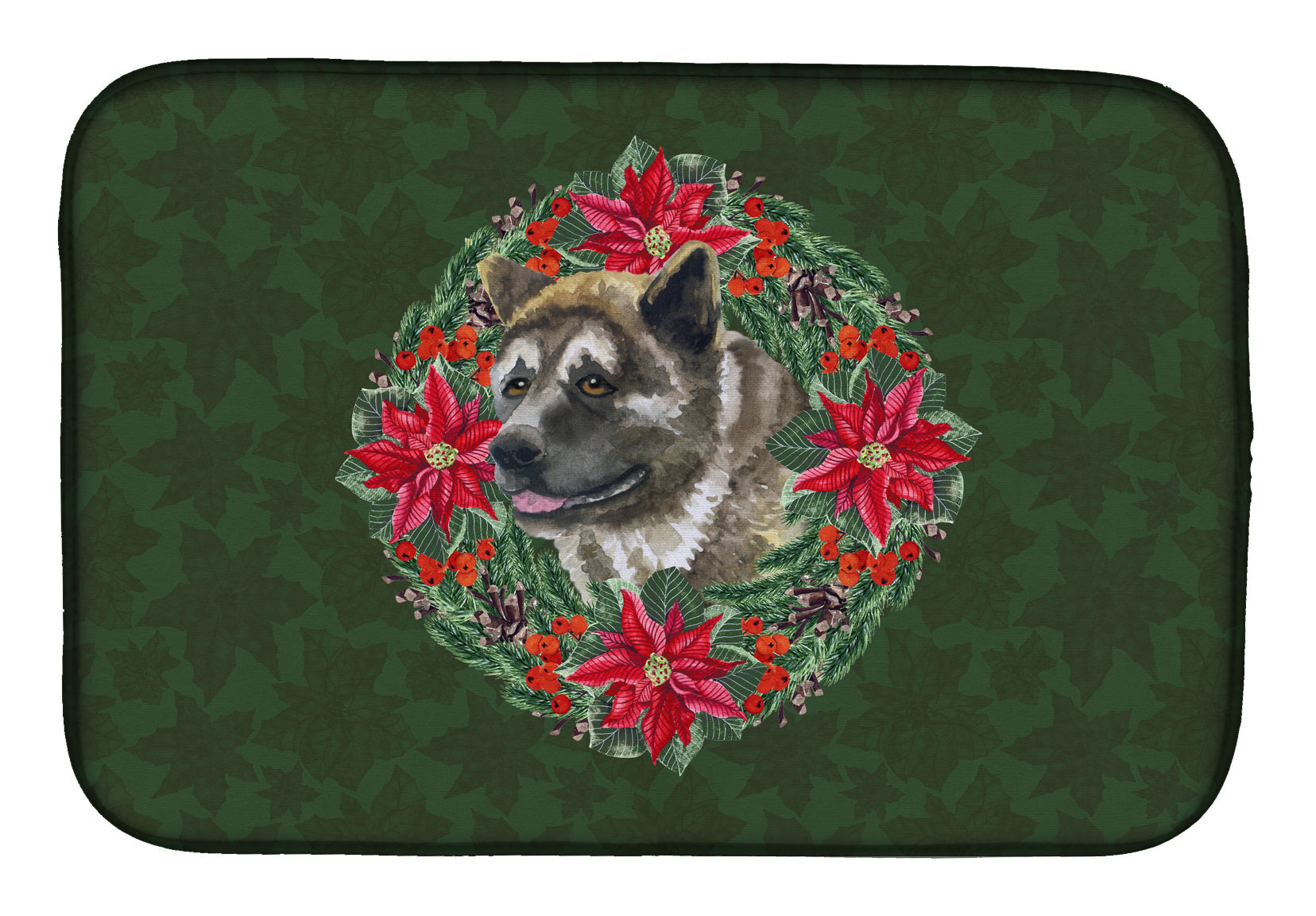 American Akita Poinsetta Wreath Dish Drying Mat Absorbent Dish Drying Mat Pad for Kitchen Counter Dish Drainer Mat for Countertop, 14 x 21", Multicolor