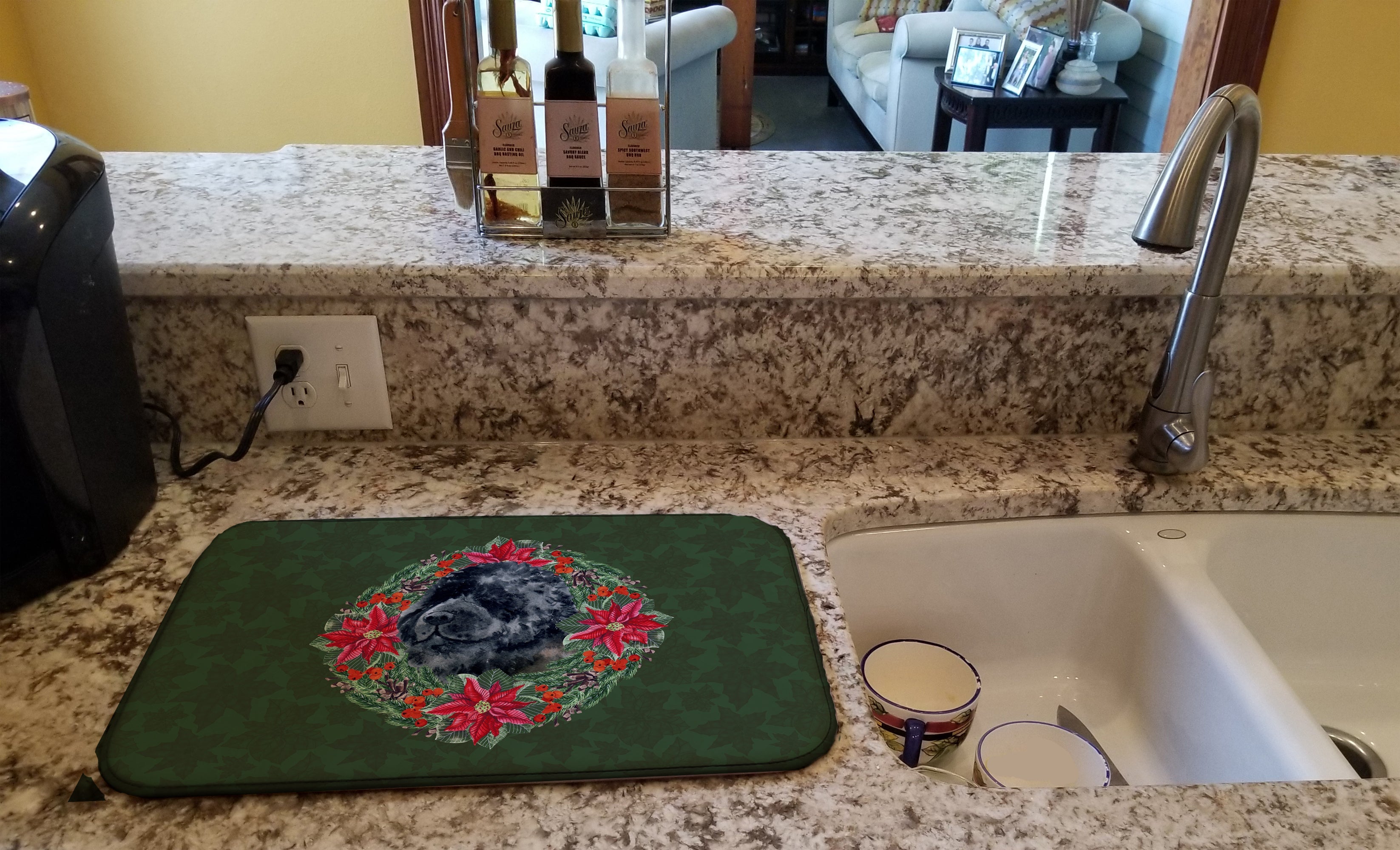 Newfoundland Poinsetta Wreath Dish Drying Mat Absorbent Dish Drying Mat Pad for Kitchen Counter Dish Drainer Mat for Countertop, 14 x 21", Multicolor