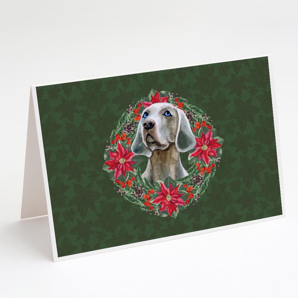 Weimaraner Poinsetta Wreath Greeting Cards Pack of 8 Blank Cards with Envelopes Whimsical A7 Size 5x7
