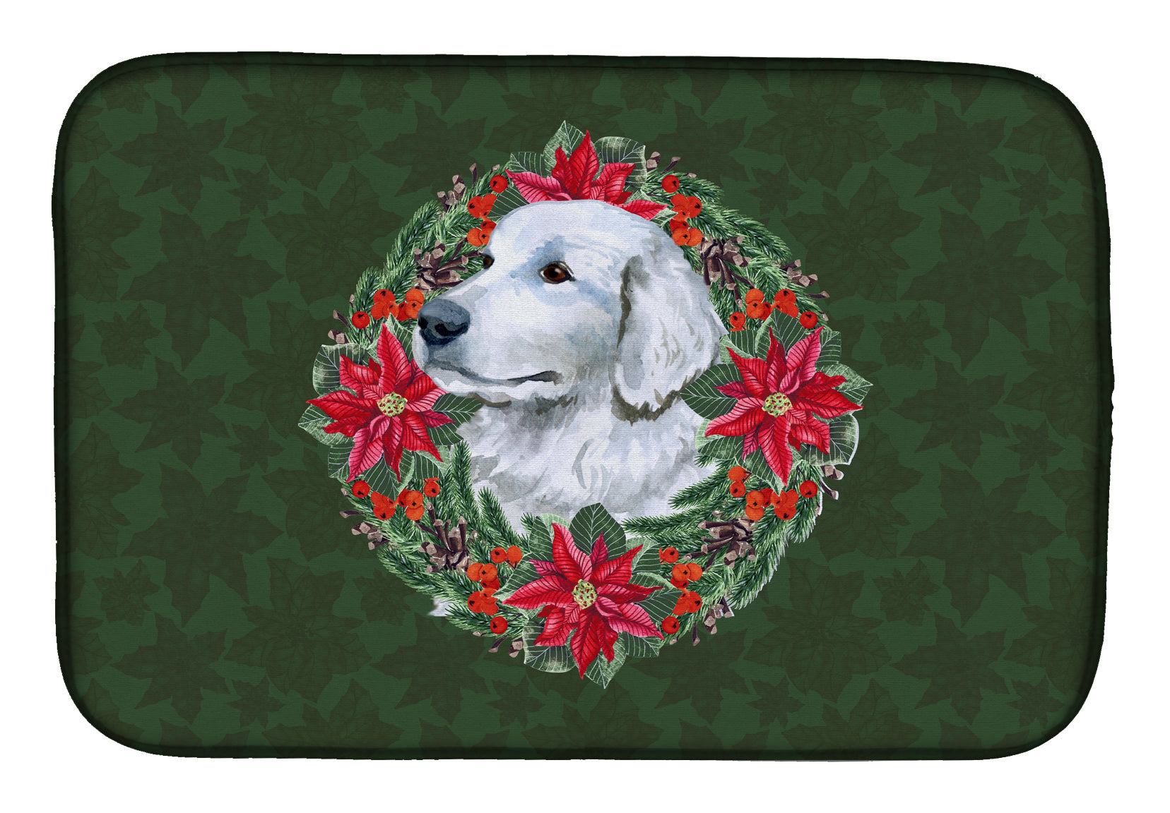 Maremma Sheepdog Poinsetta Wreath Dish Drying Mat Absorbent Dish Drying Mat Pad for Kitchen Counter Dish Drainer Mat for Countertop, 14 x 21", Multicolor
