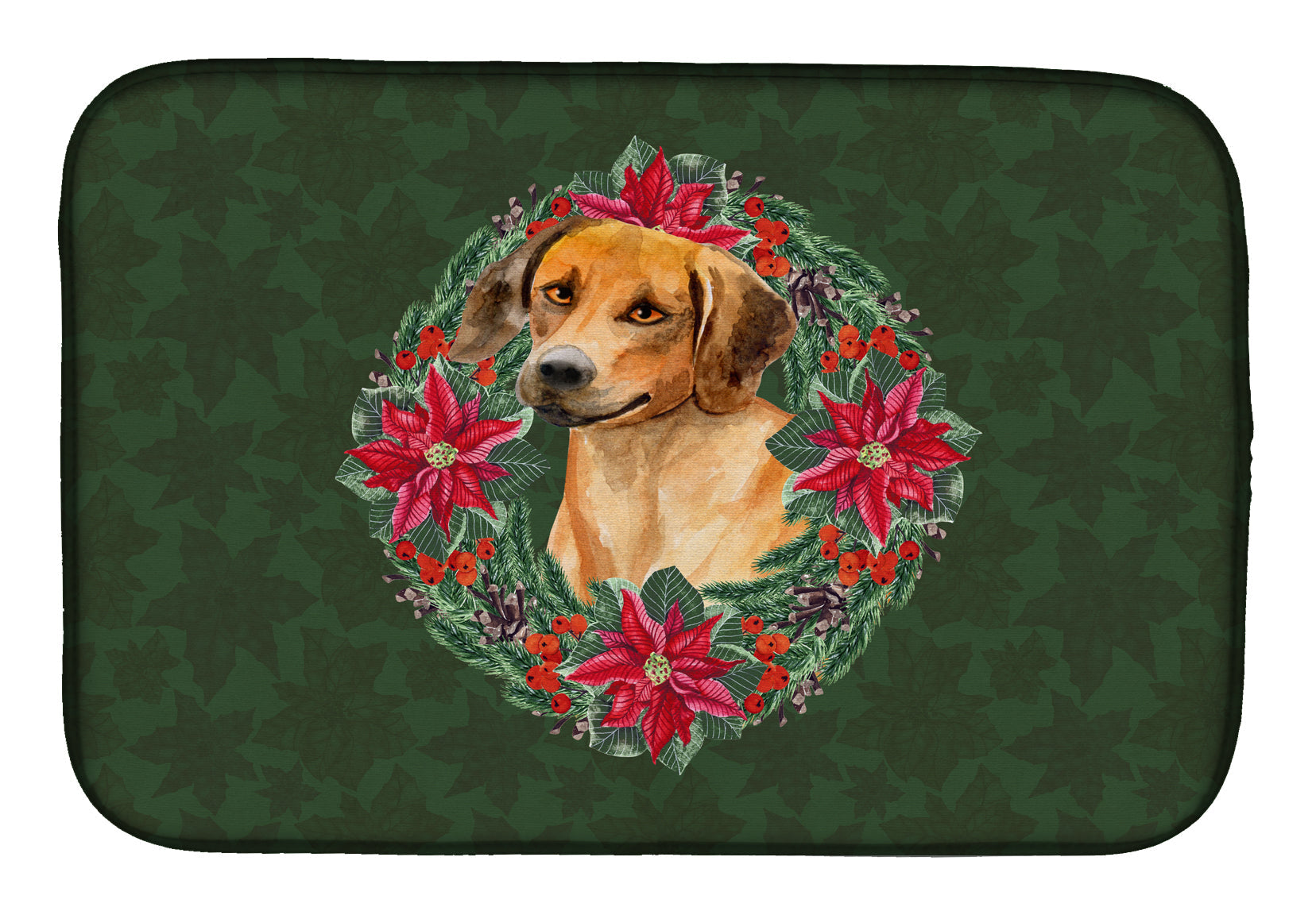Rhodesian Ridgeback Poinsetta Wreath Dish Drying Mat Absorbent Dish Drying Mat Pad for Kitchen Counter Dish Drainer Mat for Countertop, 14 x 21", Multicolor