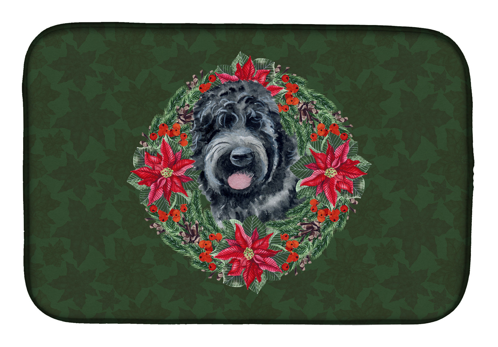 Black Russian Terrier Poinsetta Wreath Dish Drying Mat Absorbent Dish Drying Mat Pad for Kitchen Counter Dish Drainer Mat for Countertop, 14 x 21", Multicolor