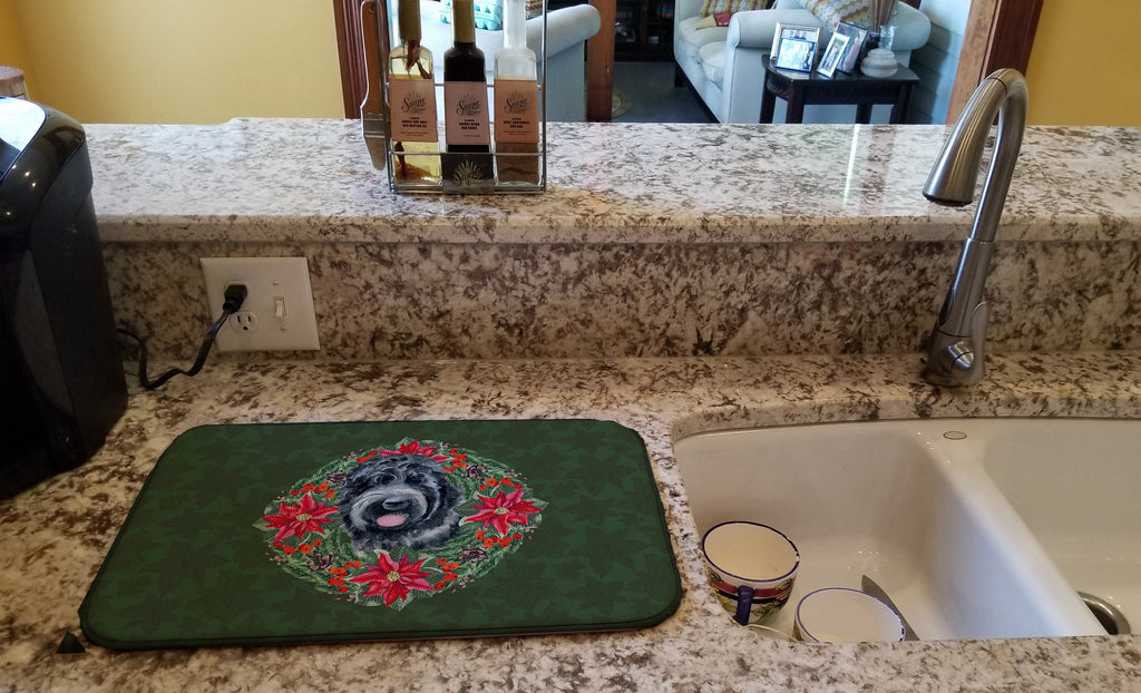 Black Russian Terrier Poinsetta Wreath Dish Drying Mat Absorbent Dish Drying Mat Pad for Kitchen Counter Dish Drainer Mat for Countertop, 14 x 21", Multicolor