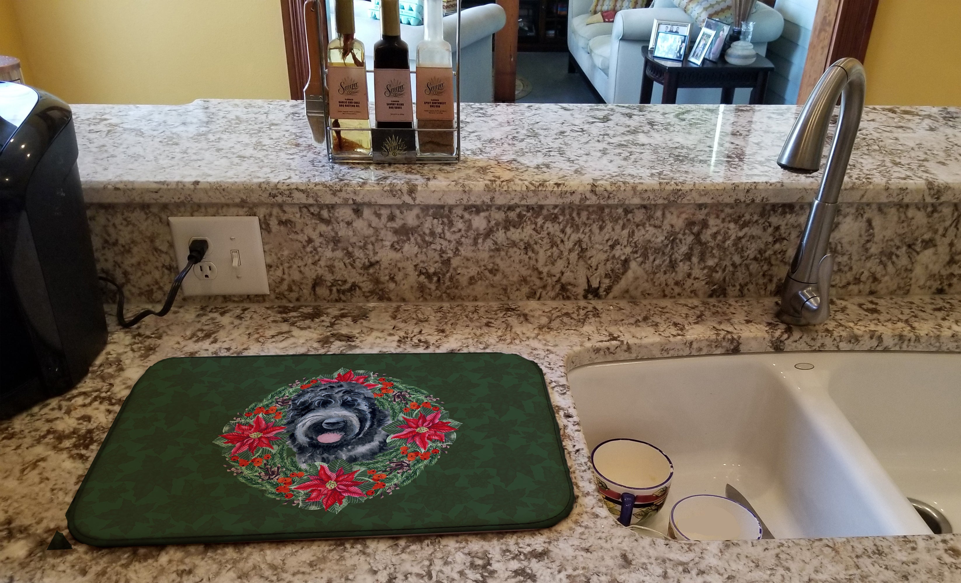 Black Russian Terrier Poinsetta Wreath Dish Drying Mat Absorbent Dish Drying Mat Pad for Kitchen Counter Dish Drainer Mat for Countertop, 14 x 21", Multicolor