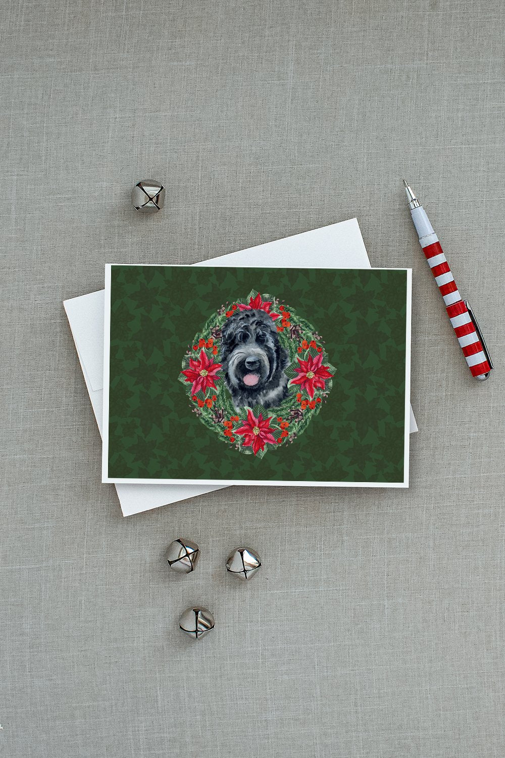 Black Russian Terrier Poinsetta Wreath Greeting Cards Pack of 8 Blank Cards with Envelopes Whimsical A7 Size 5x7