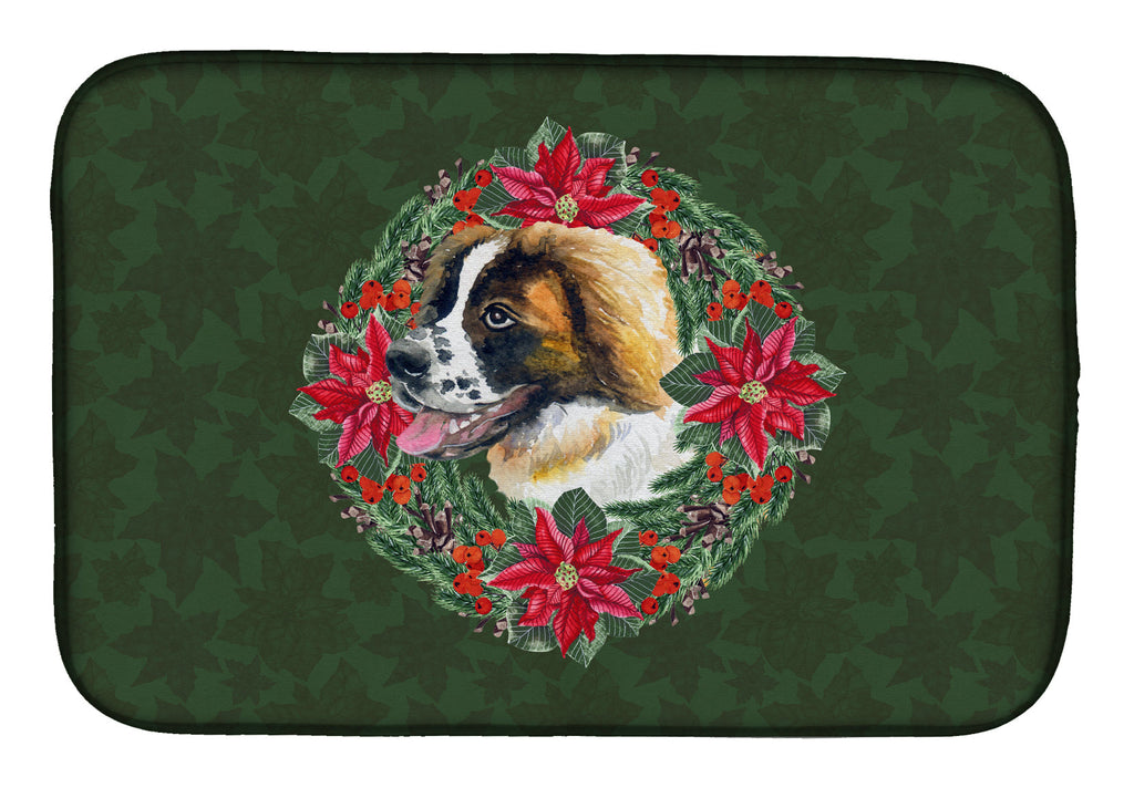 Saint Bernard Poinsetta Wreath Dish Drying Mat Absorbent Dish Drying Mat Pad for Kitchen Counter Dish Drainer Mat for Countertop, 14 x 21", Multicolor