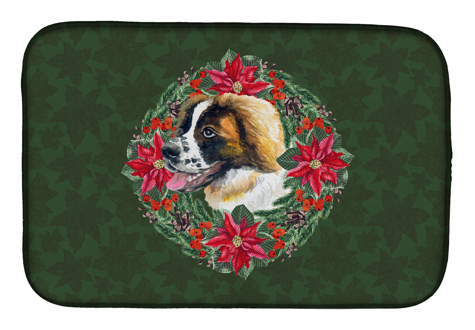 Saint Bernard Poinsetta Wreath Dish Drying Mat Absorbent Dish Drying Mat Pad for Kitchen Counter Dish Drainer Mat for Countertop, 14 x 21", Multicolor